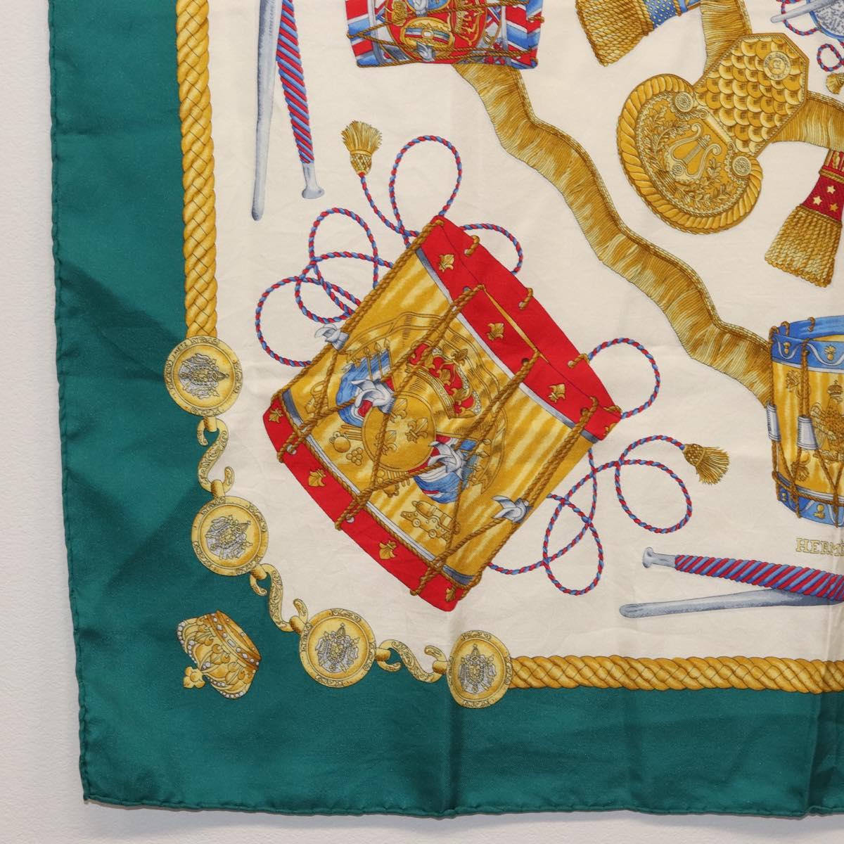 HERMES Carre 90 Scarf ""LES TAMBOURS"" Silk Green Auth hk3098