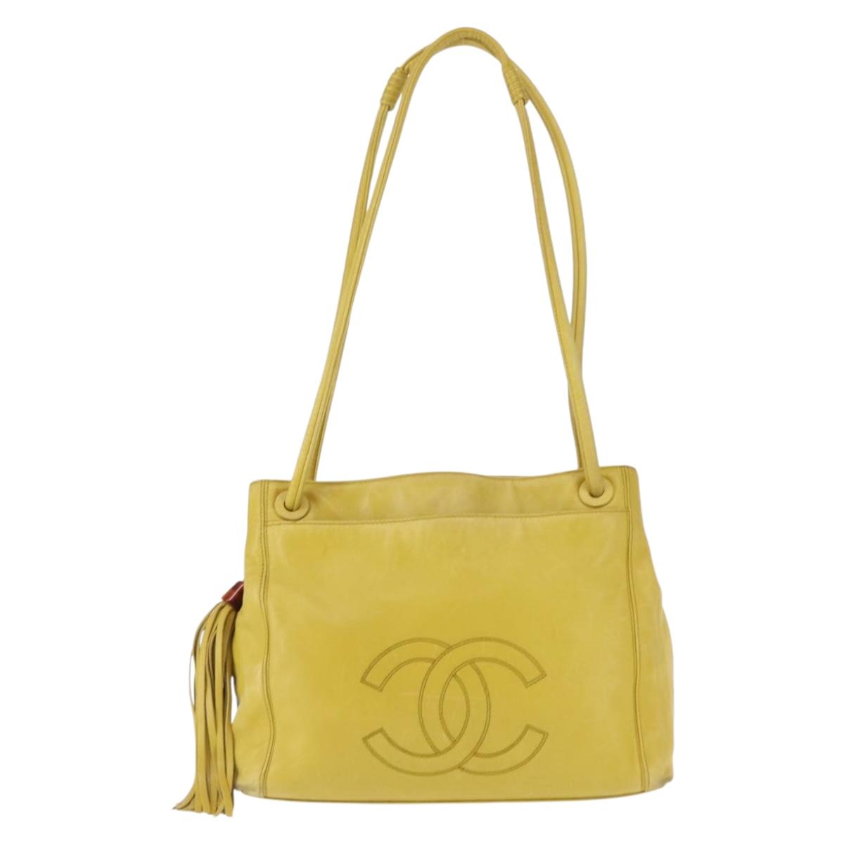 CHANEL COCO Mark Shoulder Bag Leather Yellow CC Auth hk3101