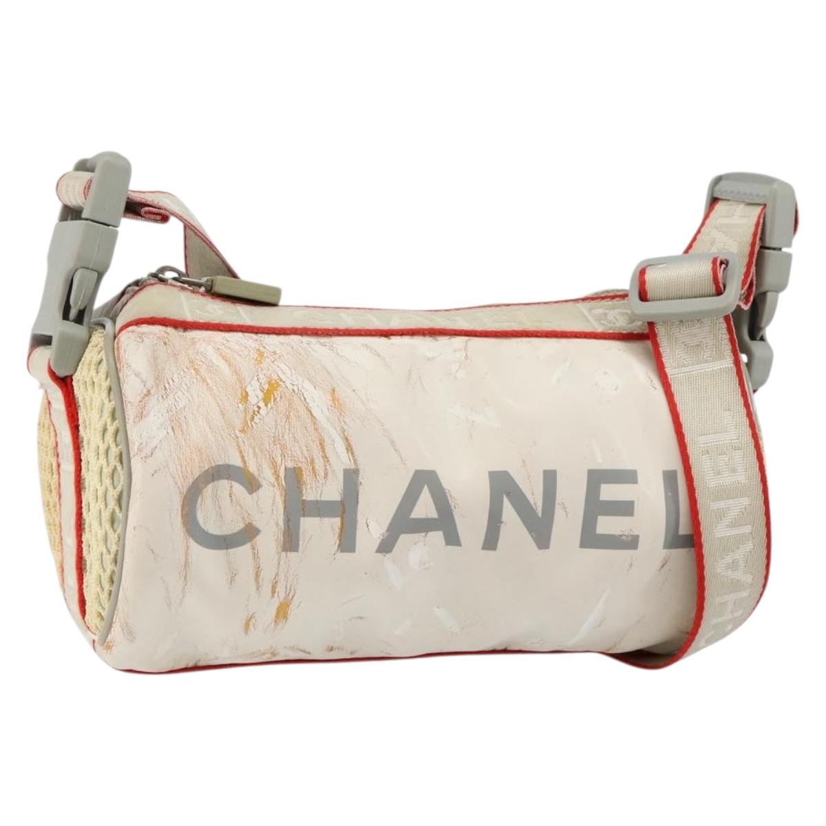 CHANEL Sports Shoulder Bag PVC Canvas White Silver CC Auth hk3105