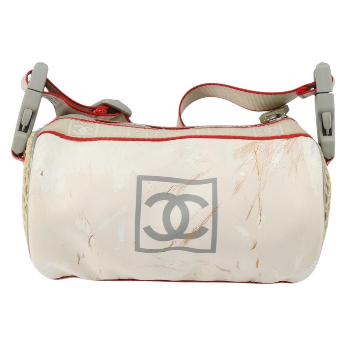 CHANEL Sports Shoulder Bag PVC Canvas White Silver CC Auth hk3105