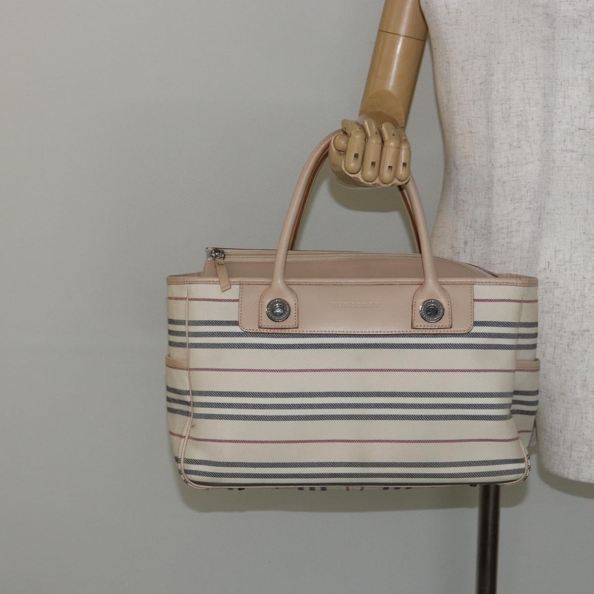 BURBERRY Tote Bag Canvas Ivory Silver Auth hk3108