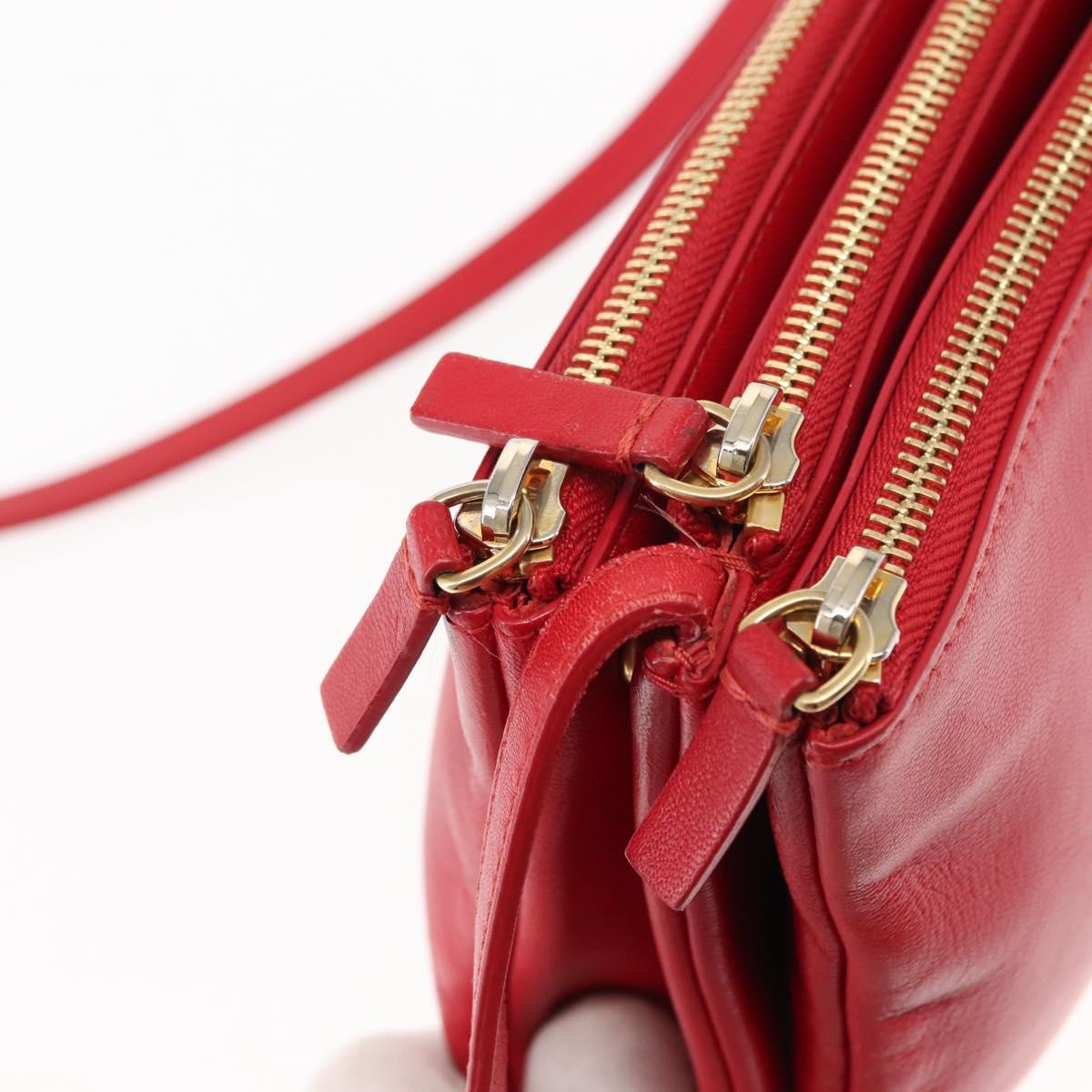 CELINE Trio large Shoulder Bag Leather Red Gold Auth hk3112
