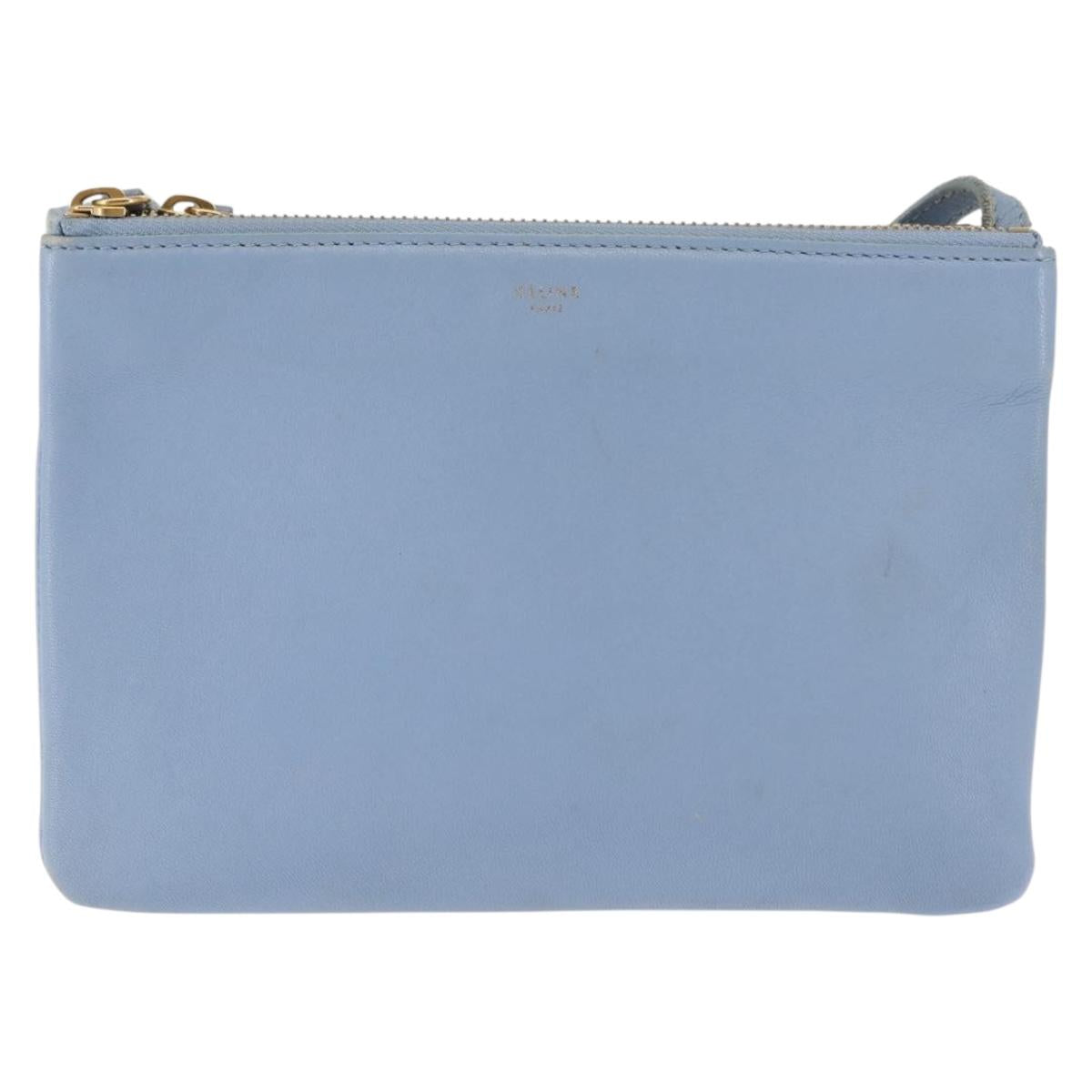 CELINE Trios Mall Shoulder Bag Leather Blue Gold Auth hk3113