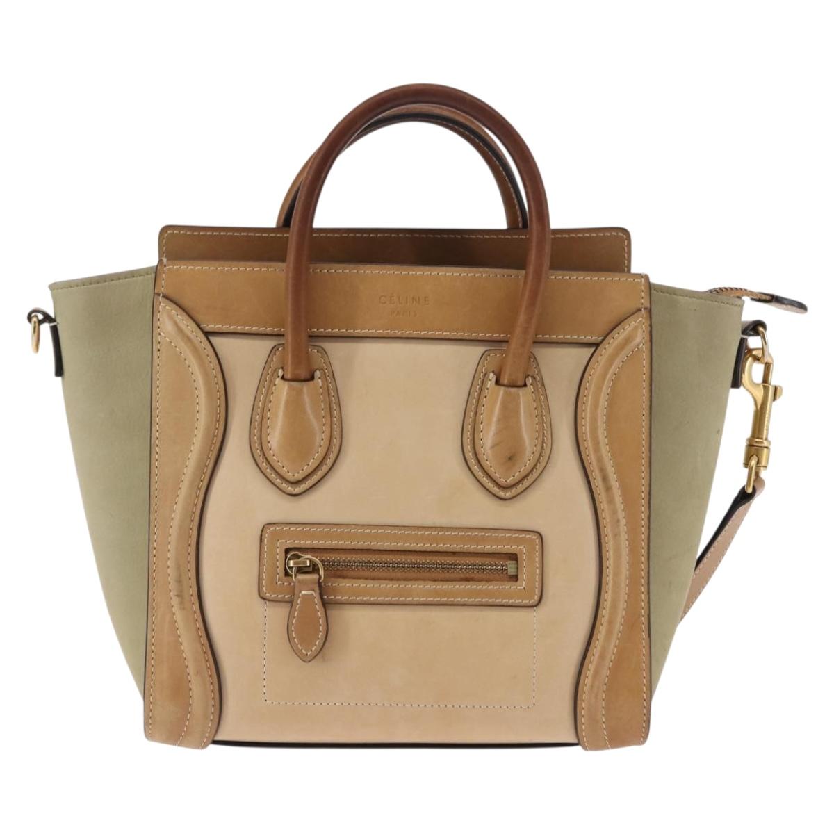 CELINE Luggage Nano Hand Bag Leather 2way Beige Auth hk3114