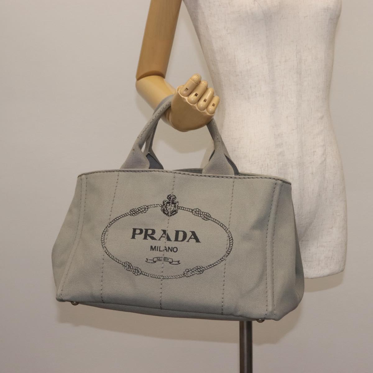 PRADA Canapa MM Hand Bag Canvas Gray Silver Auth hk3116