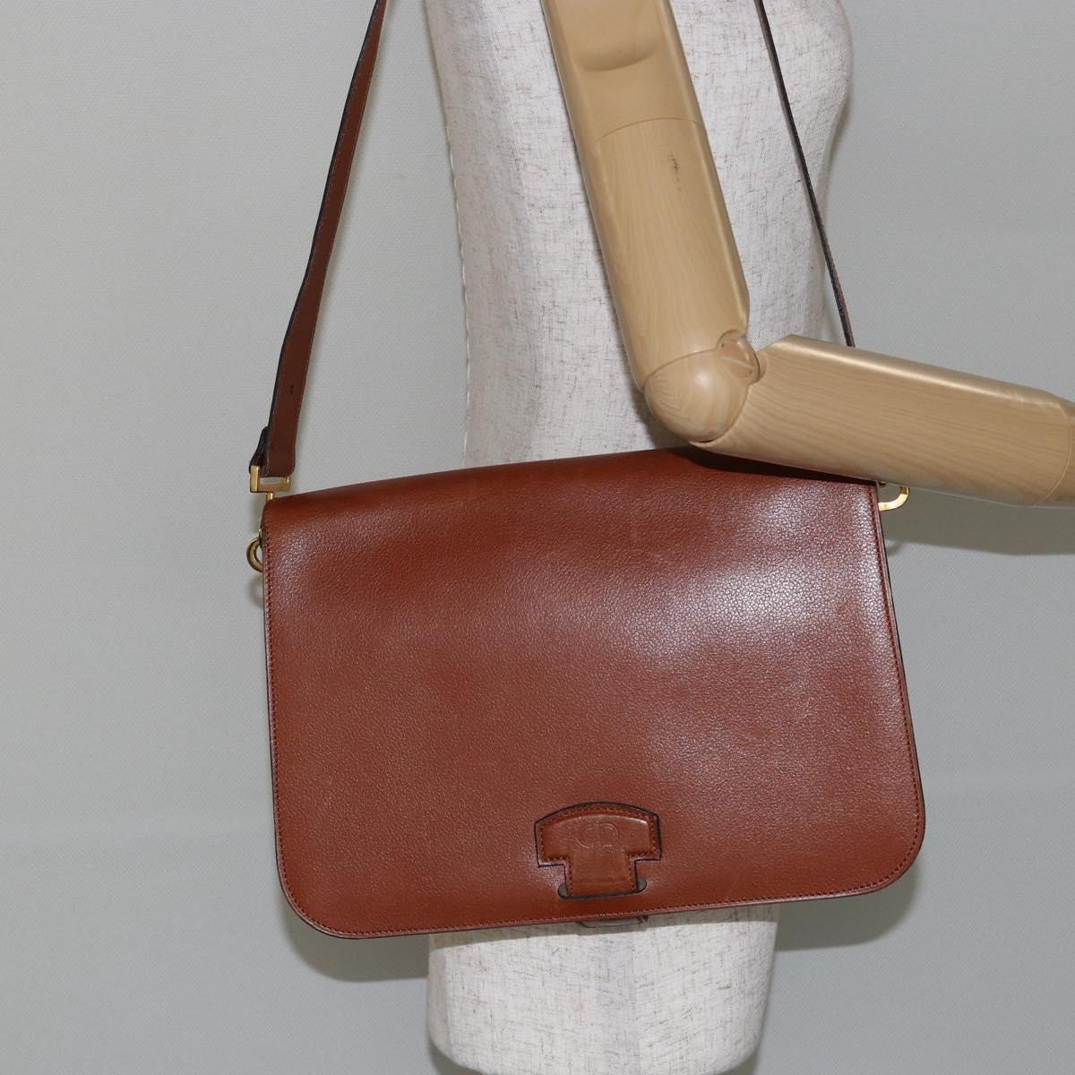 Christian Dior Shoulder Bag Leather Brown Gold Auth hk3117