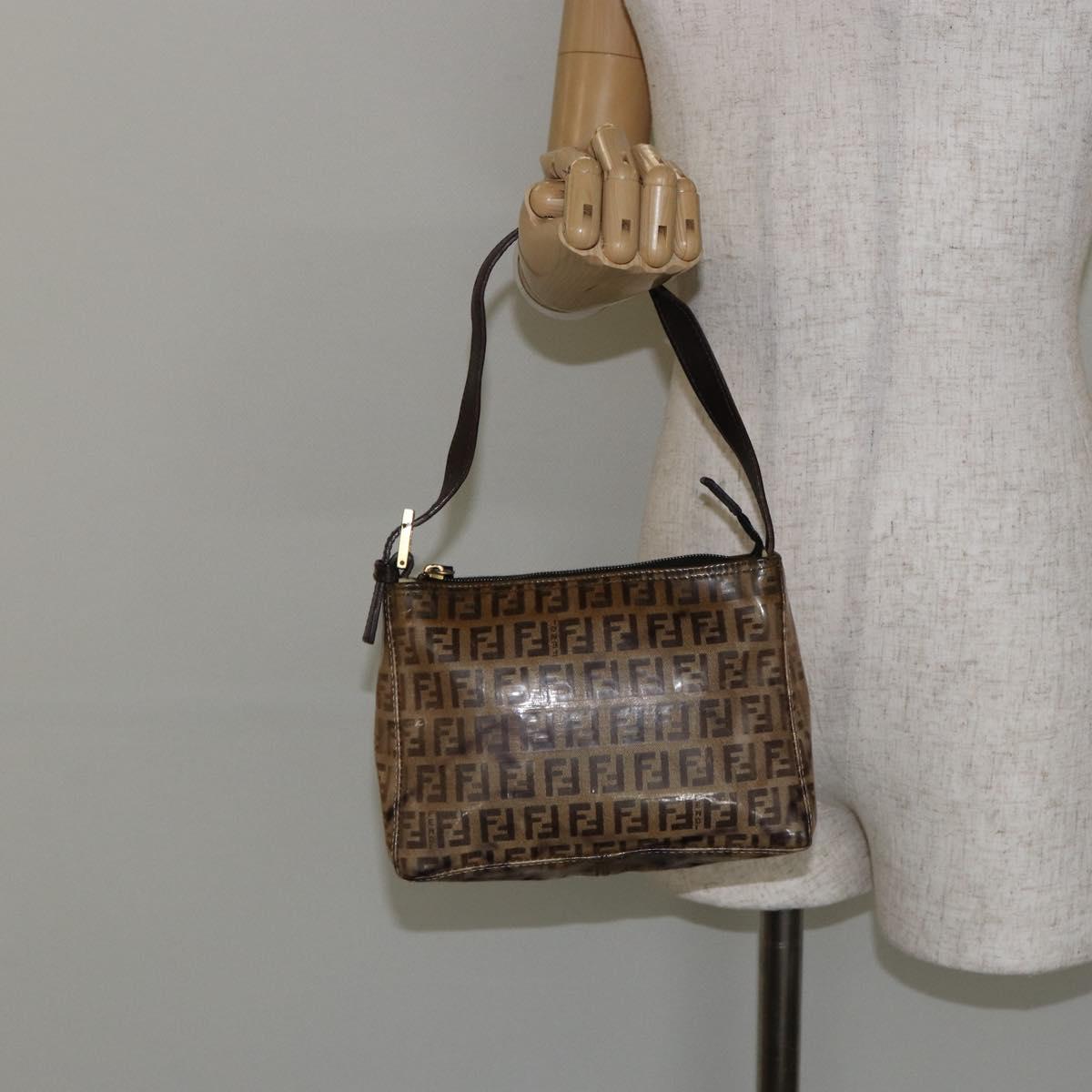 FENDI Zucchino Canvas Hand Bag Enamel Brown Gold Auth hk3118