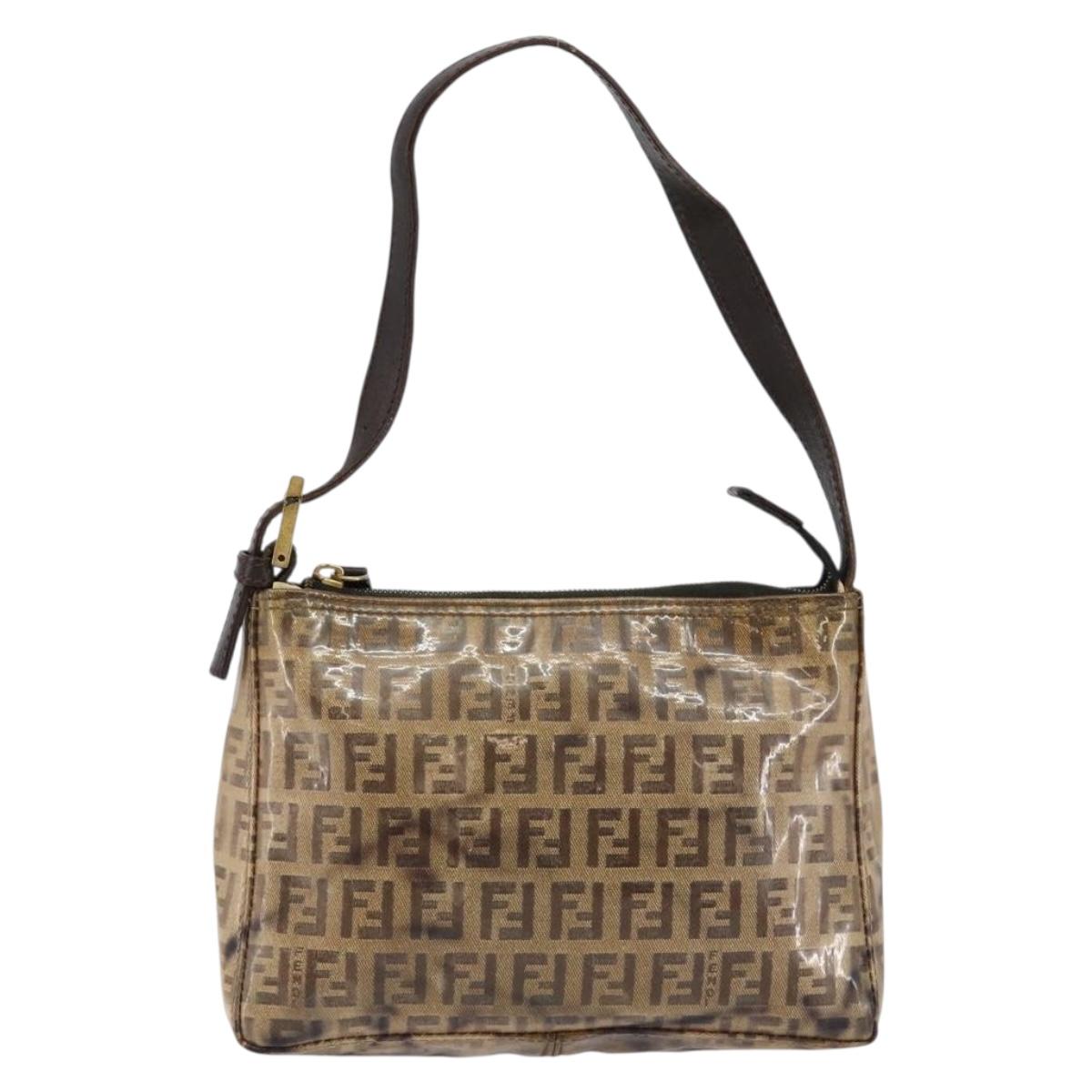 FENDI Zucchino Canvas Hand Bag Enamel Brown Gold Auth hk3118