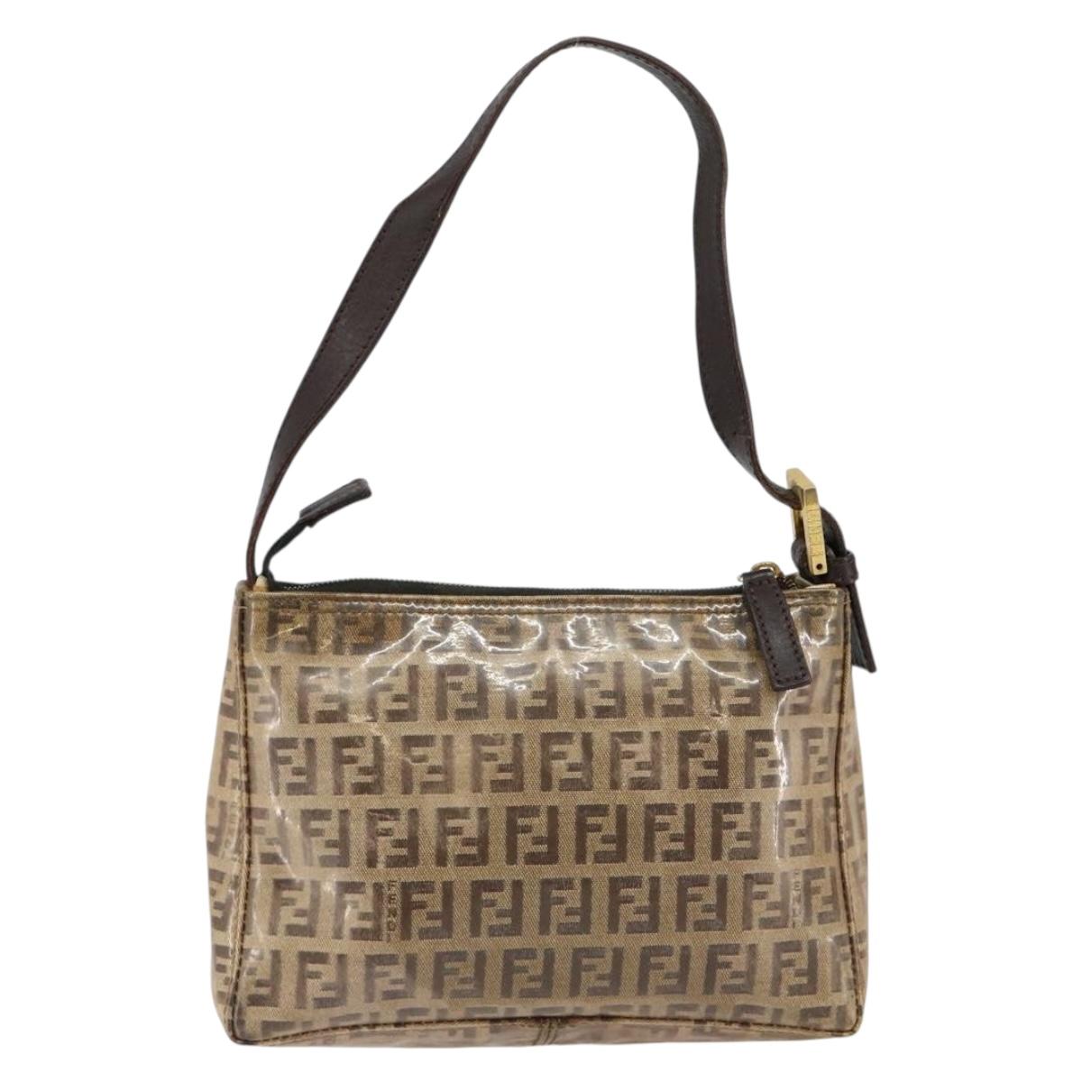 FENDI Zucchino Canvas Hand Bag Enamel Brown Gold Auth hk3118
