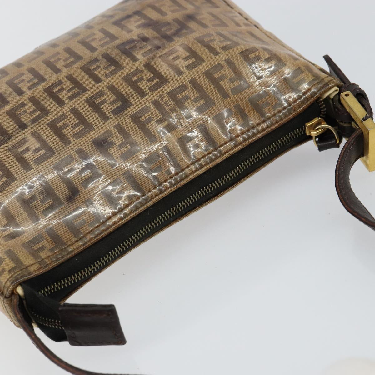 FENDI Zucchino Canvas Hand Bag Enamel Brown Gold Auth hk3118