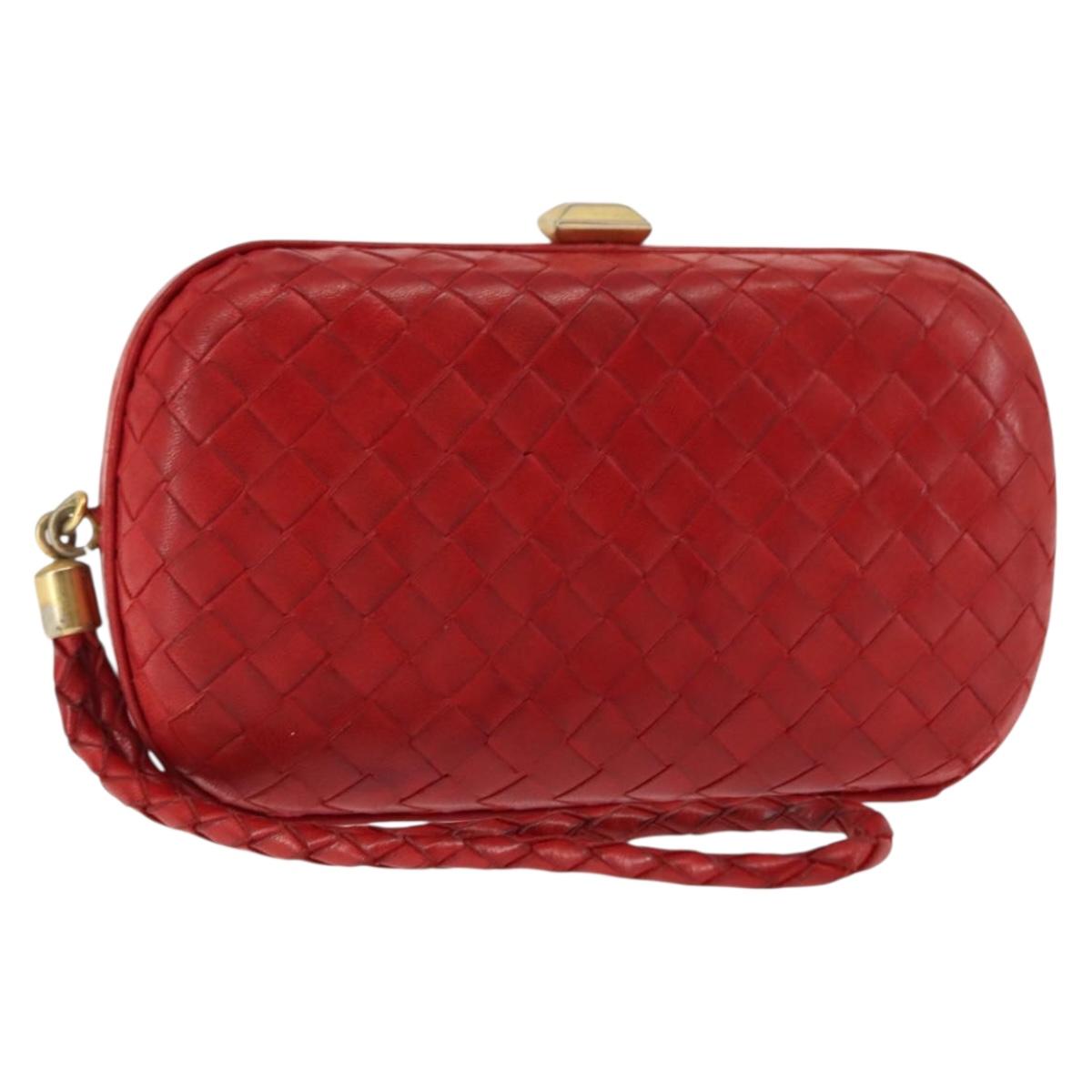 BOTTEGA VENETA INTRECCIATO Pouch Leather Red Gold Auth hk3161
