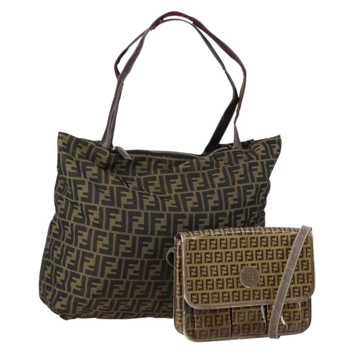 FENDI Zucca Canvas Zucchino Canvas Hand Bag Enamel 2Set Black Brown Auth hk3167