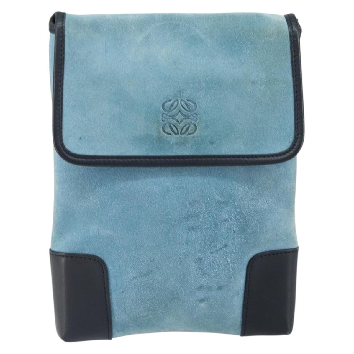 LOEWE Anagram Shoulder Bag Suede Leather Light Blue Navy Auth hk3179