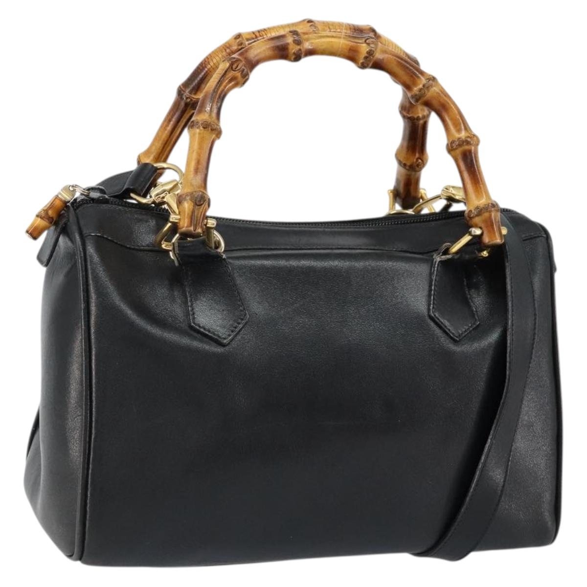 GUCCI Bamboo Hand Bag Leather 2way Black Gold 000 122 0294 Auth hk3185