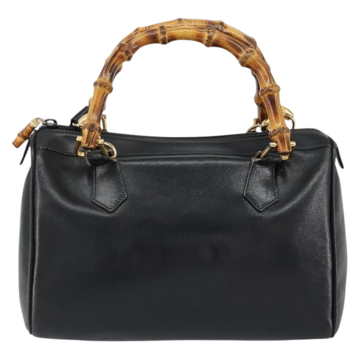 GUCCI Bamboo Hand Bag Leather 2way Black Gold 000 122 0294 Auth hk3185