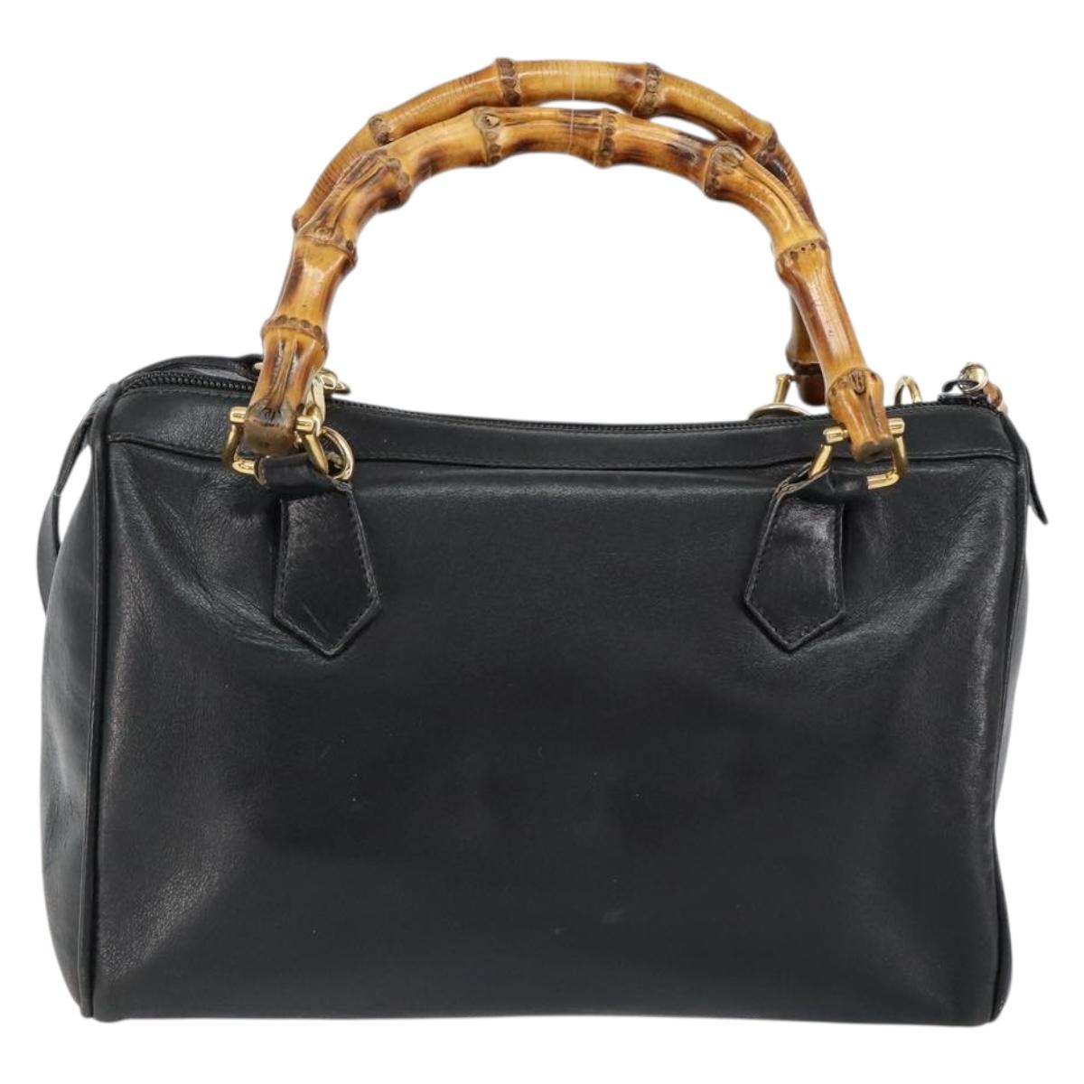 GUCCI Bamboo Hand Bag Leather 2way Black Gold 000 122 0294 Auth hk3185