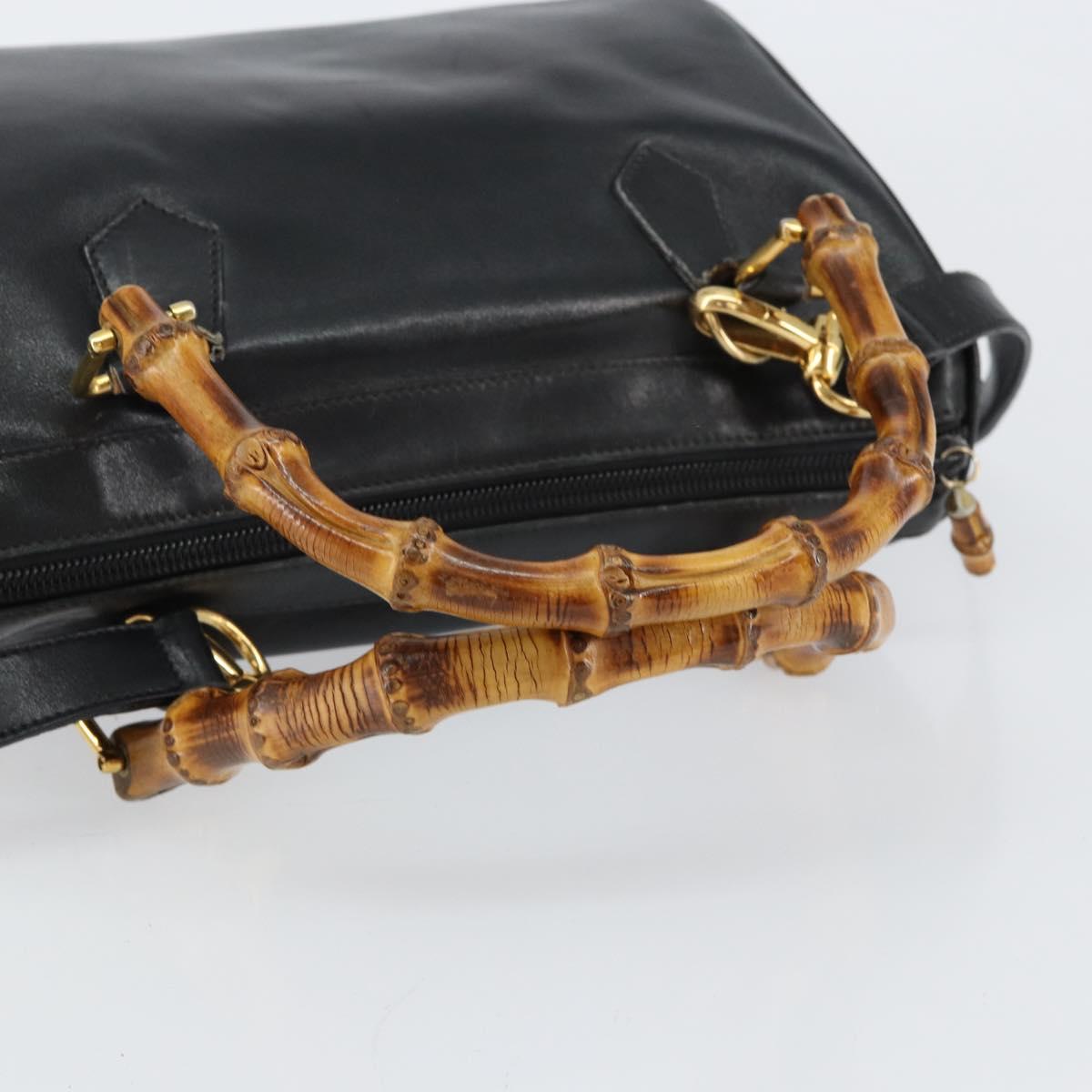 GUCCI Bamboo Hand Bag Leather 2way Black Gold 000 122 0294 Auth hk3185