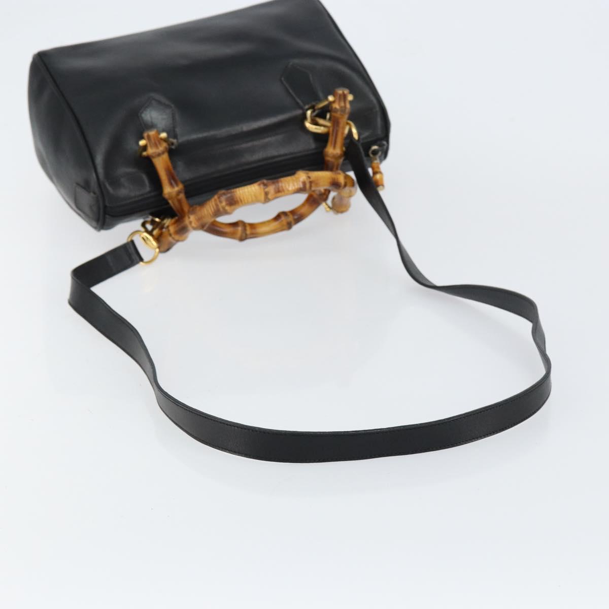 GUCCI Bamboo Hand Bag Leather 2way Black Gold 000 122 0294 Auth hk3185