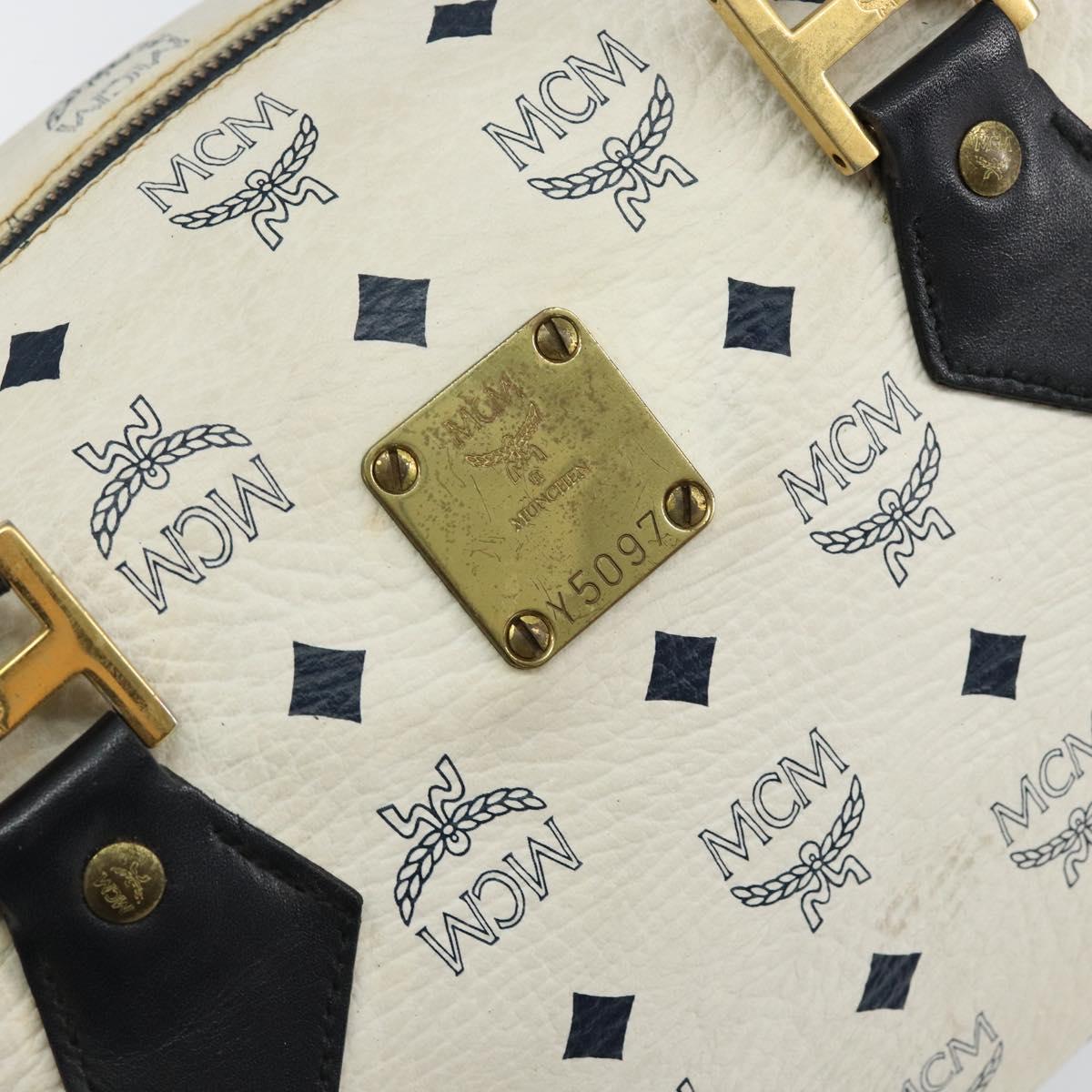 MCM Logogram Vicetos Boston Bag PVC Leather White Gold Auth hk3189