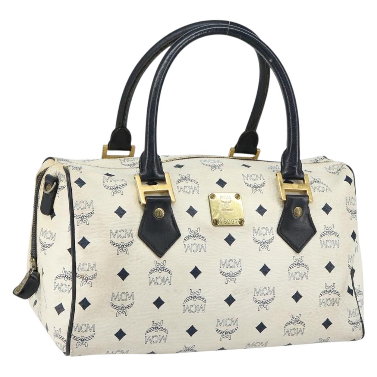 MCM Logogram Vicetos Boston Bag PVC Leather White Gold Auth hk3189