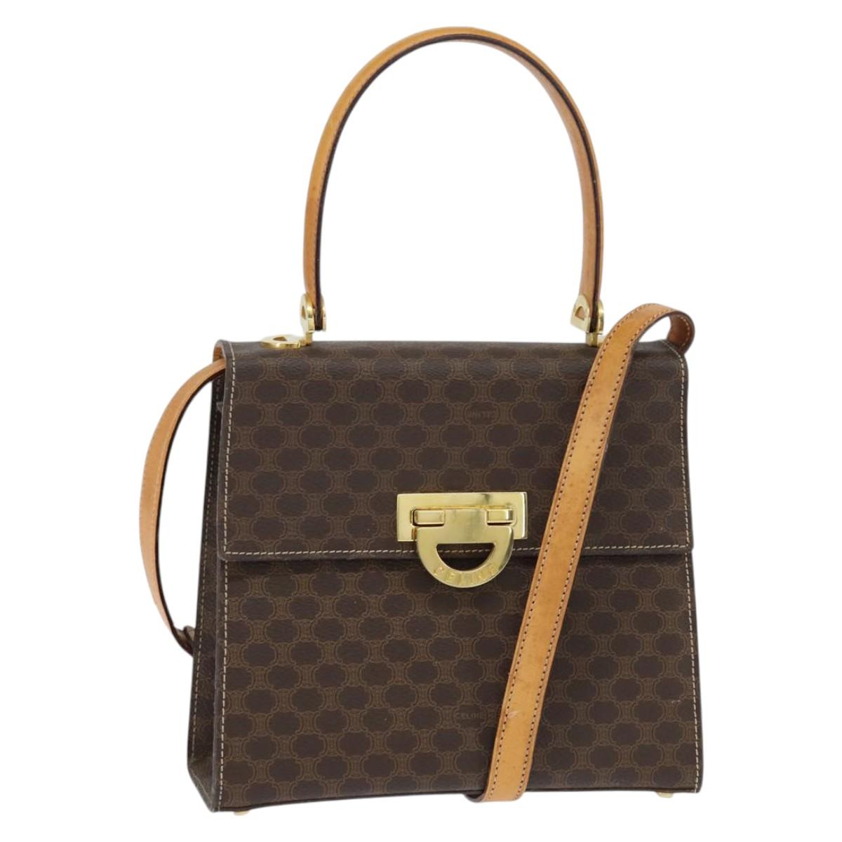 CELINE Macadam Canvas Hand Bag PVC Leather 2way Brown Gold Auth hk3227
