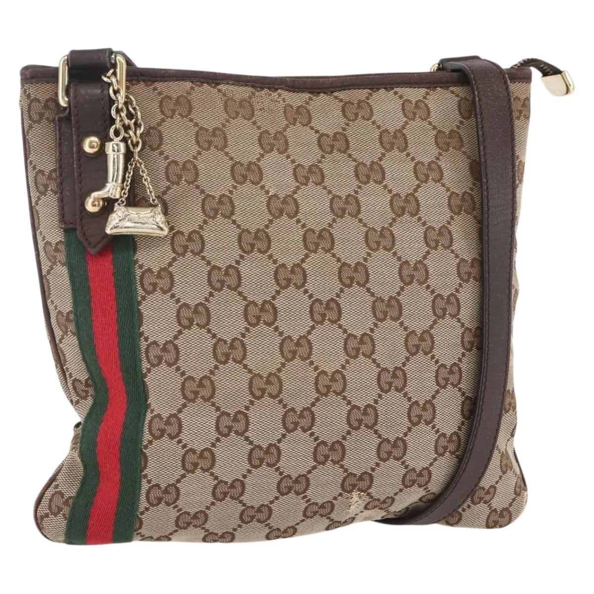 GUCCI GG Canvas Web Sherry Line Shoulder Bag Beige Gold 144388 Auth hk3291