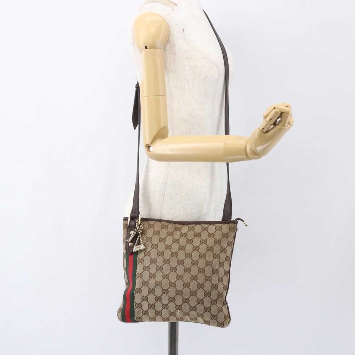 GUCCI GG Canvas Web Sherry Line Shoulder Bag Beige Gold 144388 Auth hk3291