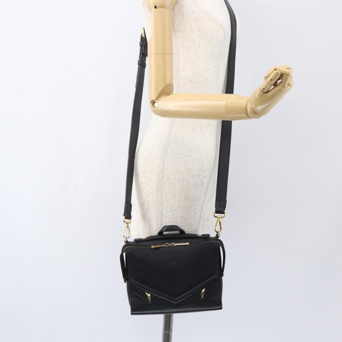FENDI Monster Bugs Eye Hand Bag Leather 2way Black Gold Auth hk3297