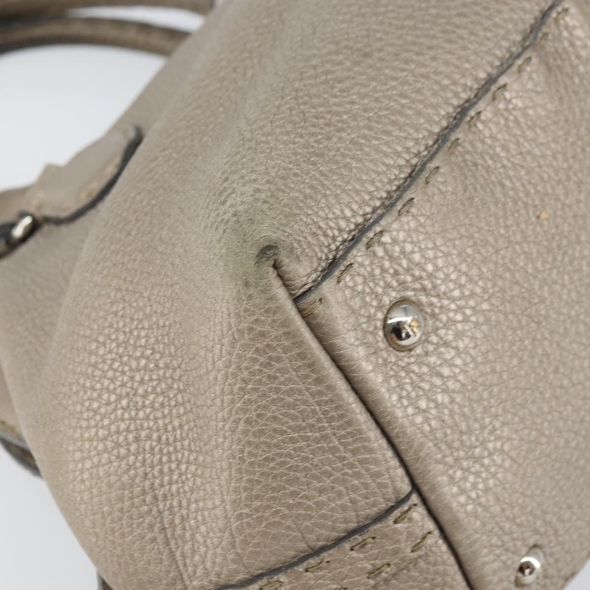 FENDI Celeria Hand Bag Leather Beige Silver Auth hk3299