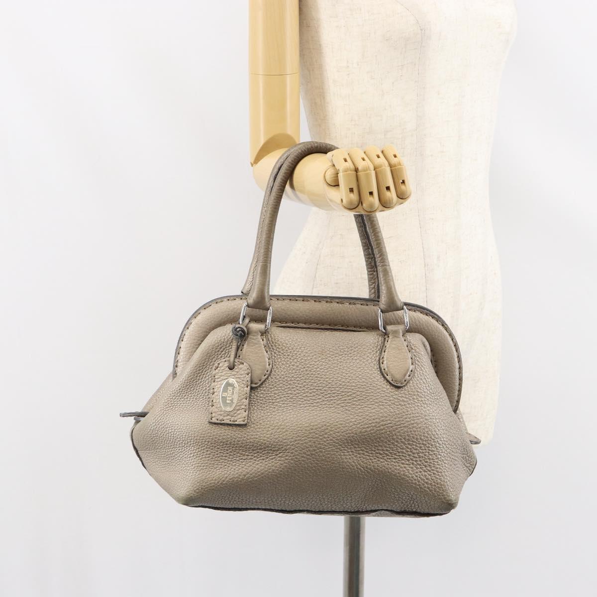 FENDI Celeria Hand Bag Leather Beige Silver Auth hk3299