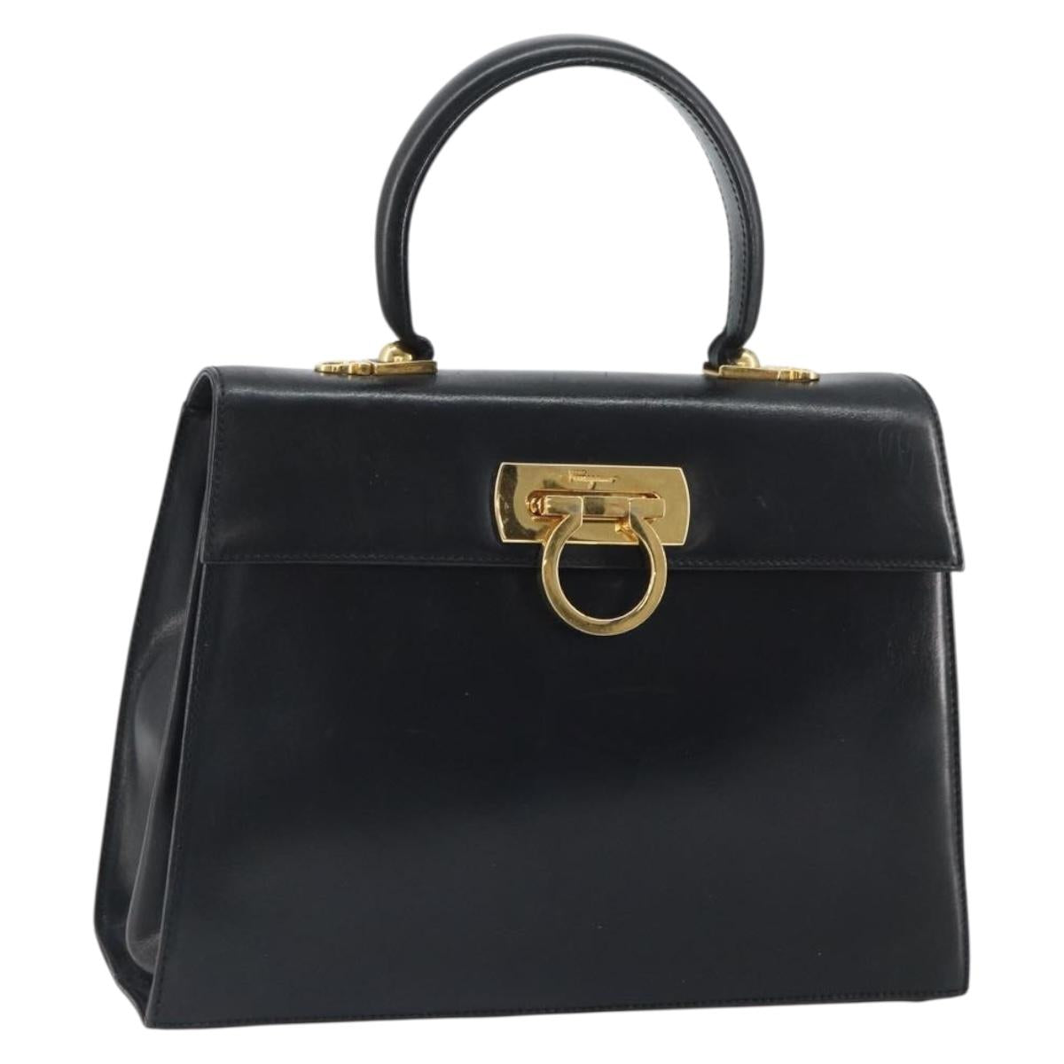 Salvatore Ferragamo Gancini Hand Bag Leather Black Gold Auth hk3303