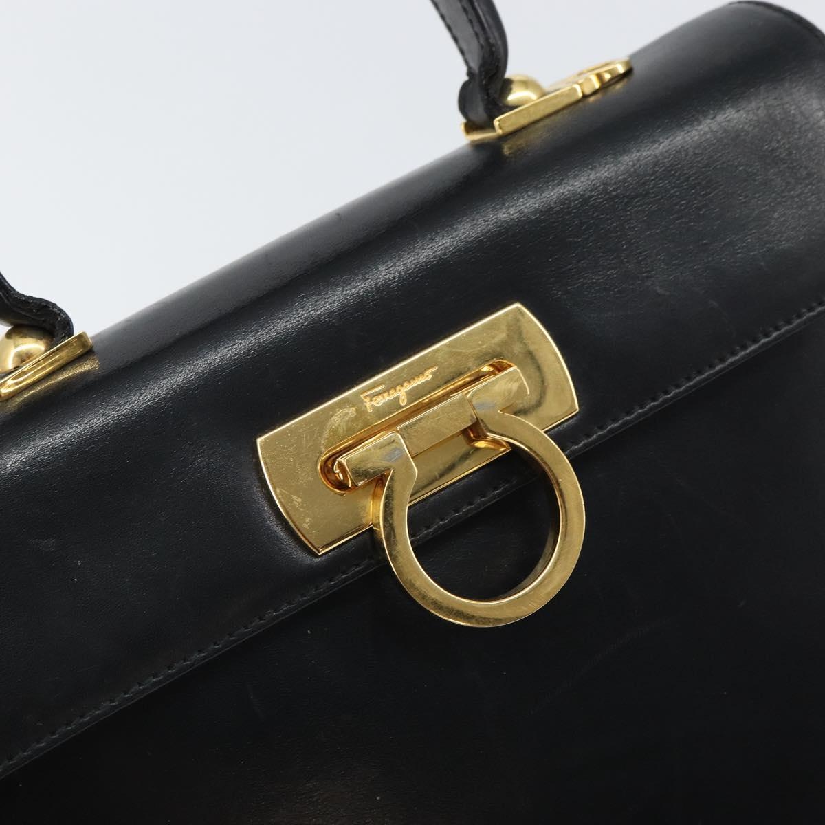 Salvatore Ferragamo Gancini Hand Bag Leather Black Gold Auth hk3303
