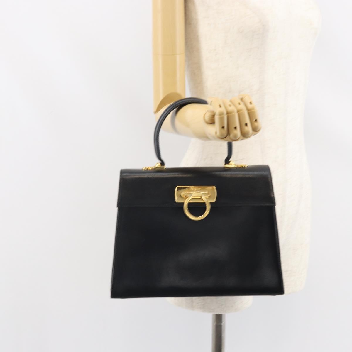 Salvatore Ferragamo Gancini Hand Bag Leather Black Gold Auth hk3303