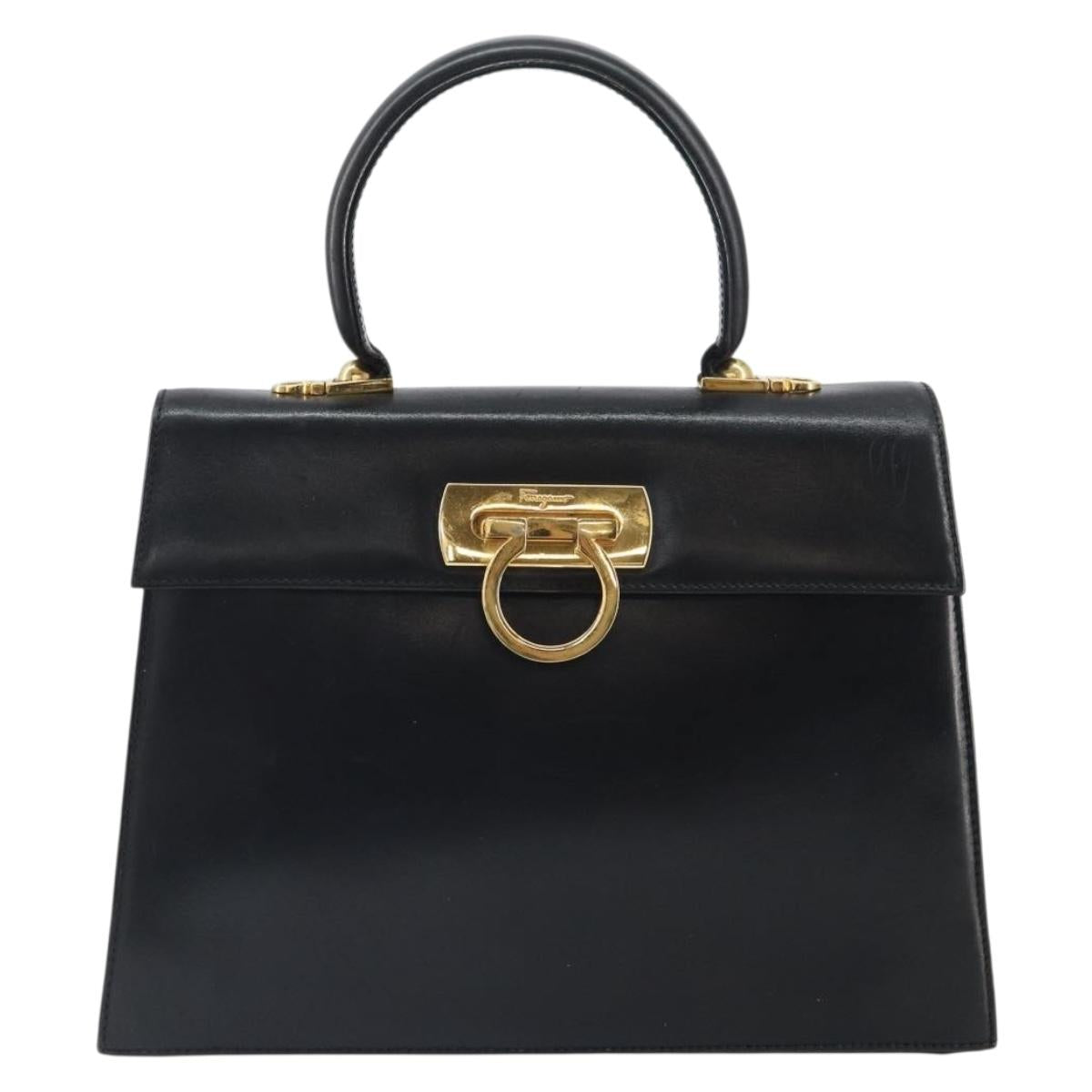 Salvatore Ferragamo Gancini Hand Bag Leather Black Gold Auth hk3303