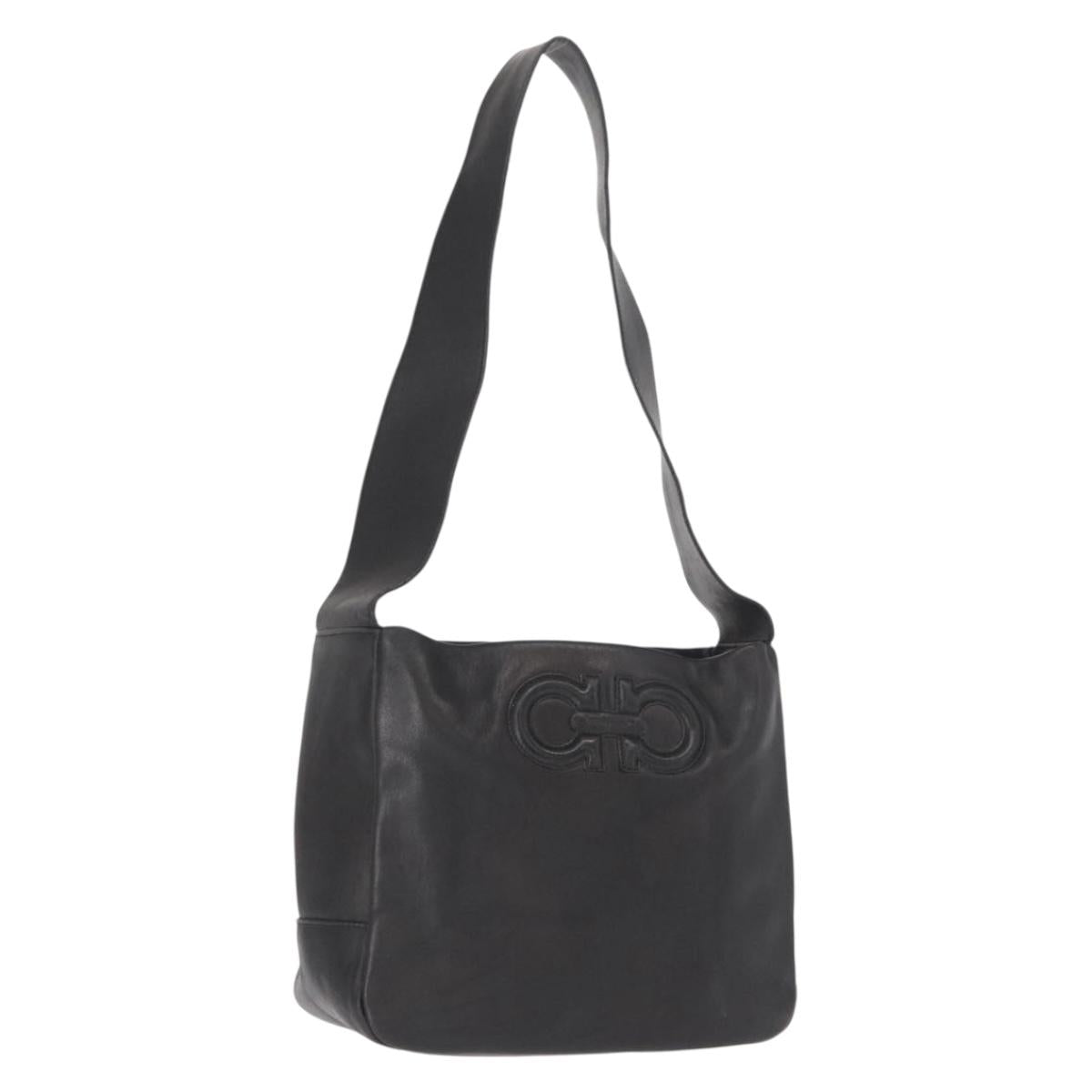Salvatore Ferragamo Gancini Shoulder Bag Leather Black Gold Auth hk3306