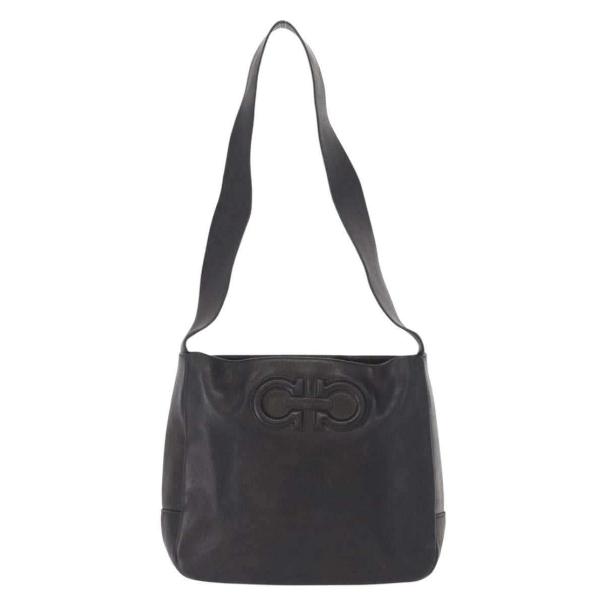 Salvatore Ferragamo Gancini Shoulder Bag Leather Black Gold Auth hk3306