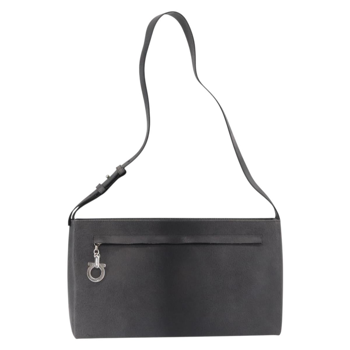 Salvatore Ferragamo Gancini Shoulder Bag Leather Gray Silver Auth hk3307