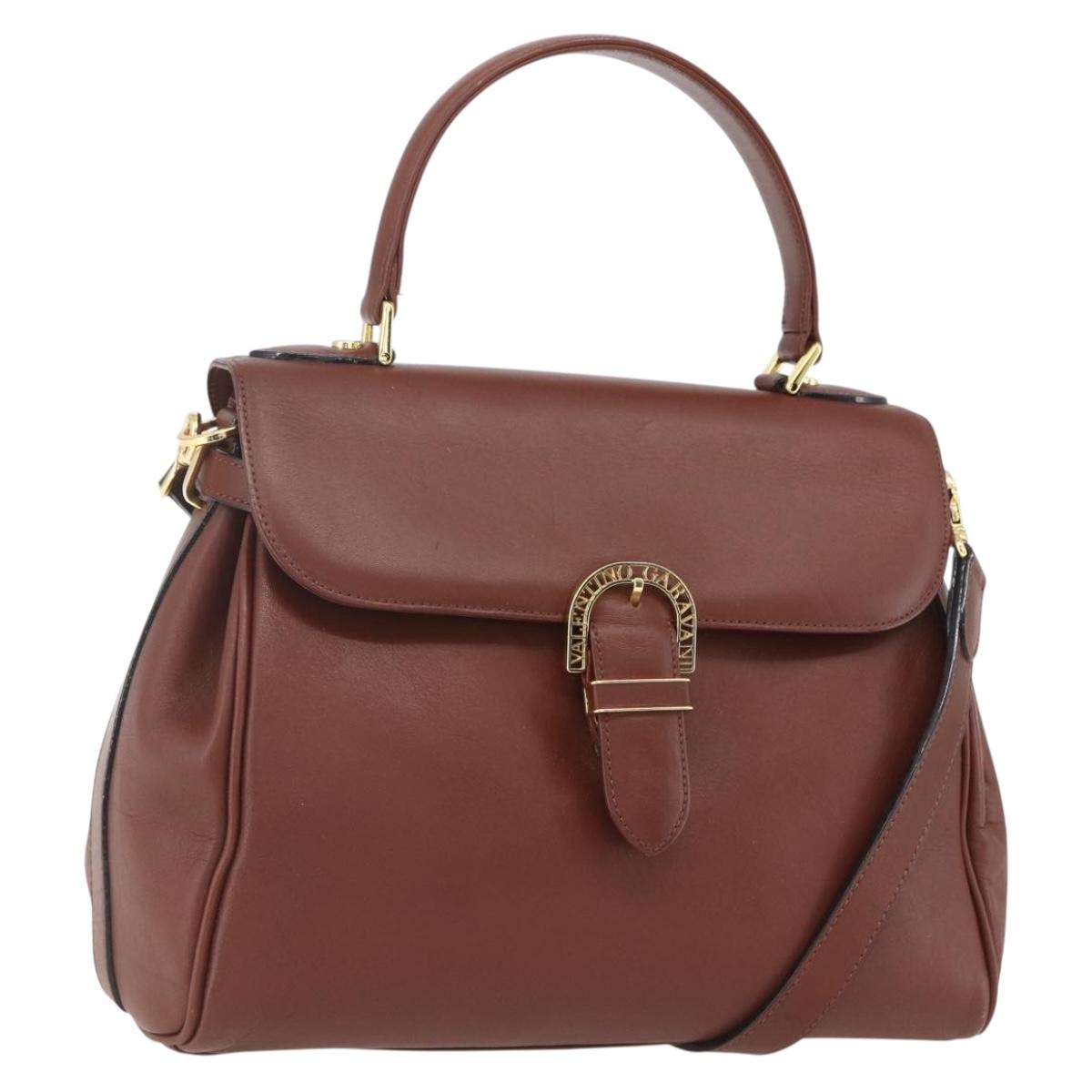 VALENTINO Hand Bag Leather 2way Brown Gold Auth hk3311