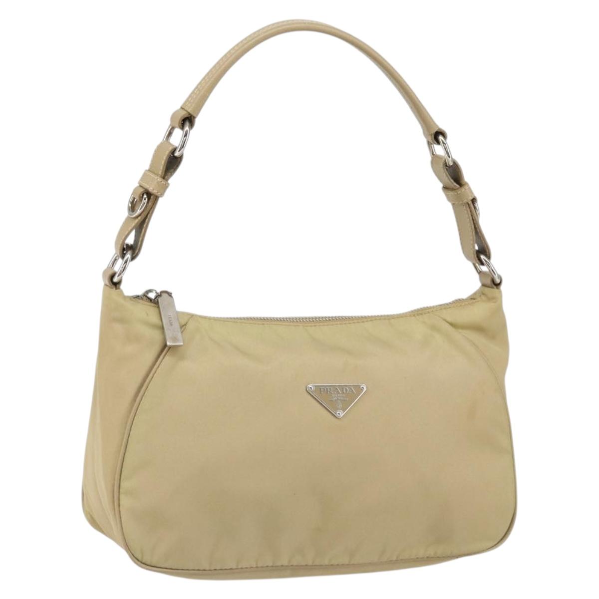PRADA Shoulder Bag Nylon Beige Silver Auth hk3322