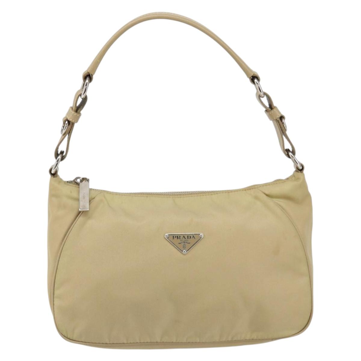 PRADA Shoulder Bag Nylon Beige Silver Auth hk3322