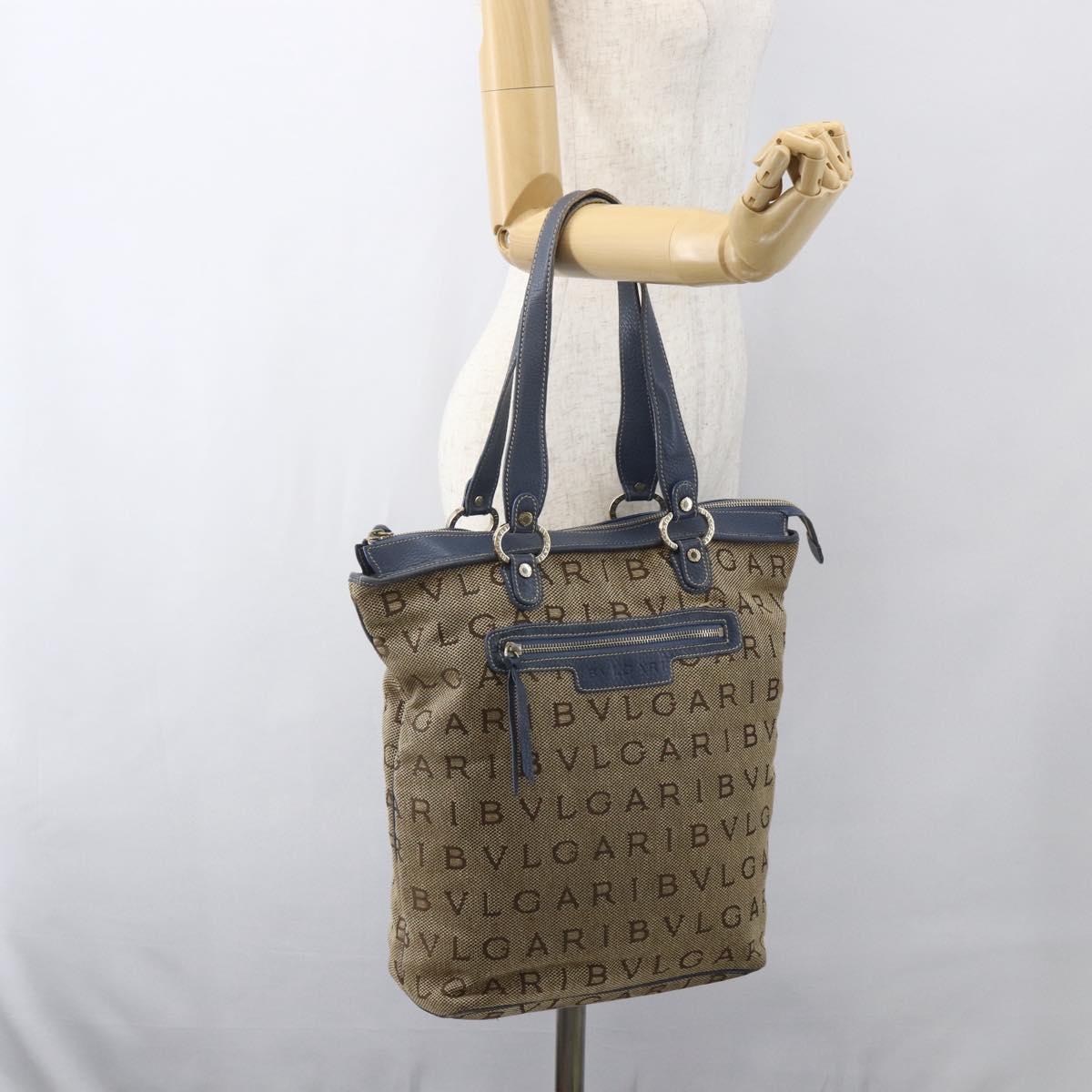 BVLGARI Logo Mania Tote Bag Canvas Beige Gold Auth hk3330