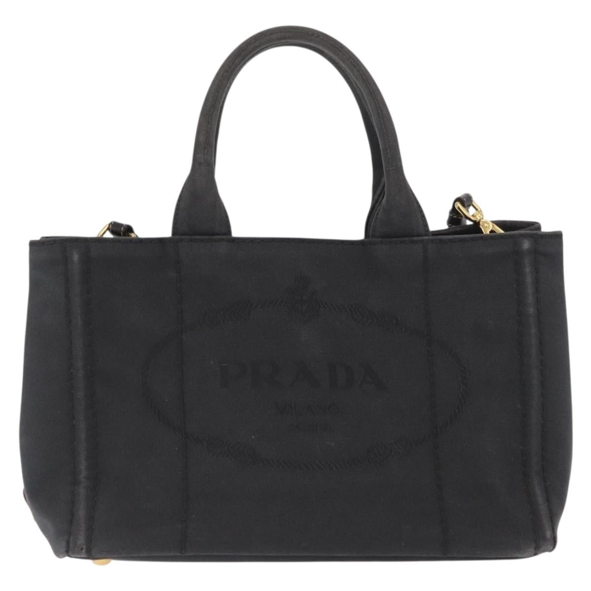 PRADA Canapa PM Hand Bag Canvas 2way Black Gold Auth hk3347