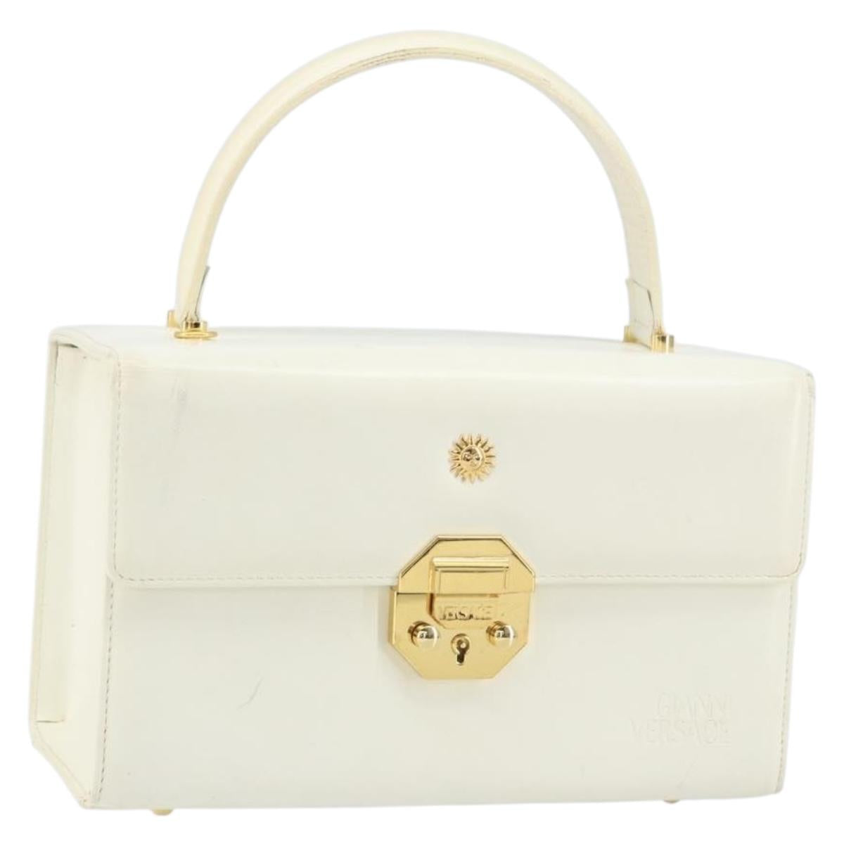 Gianni Versace Hand Bag Leather White Gold Auth hk3351