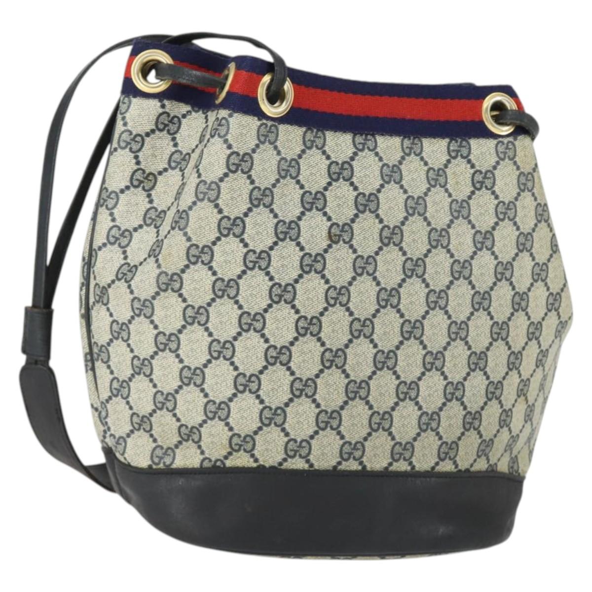 GUCCI GG Supreme Sherry Line Shoulder Bag PVC Navy Gold Auth hk3367