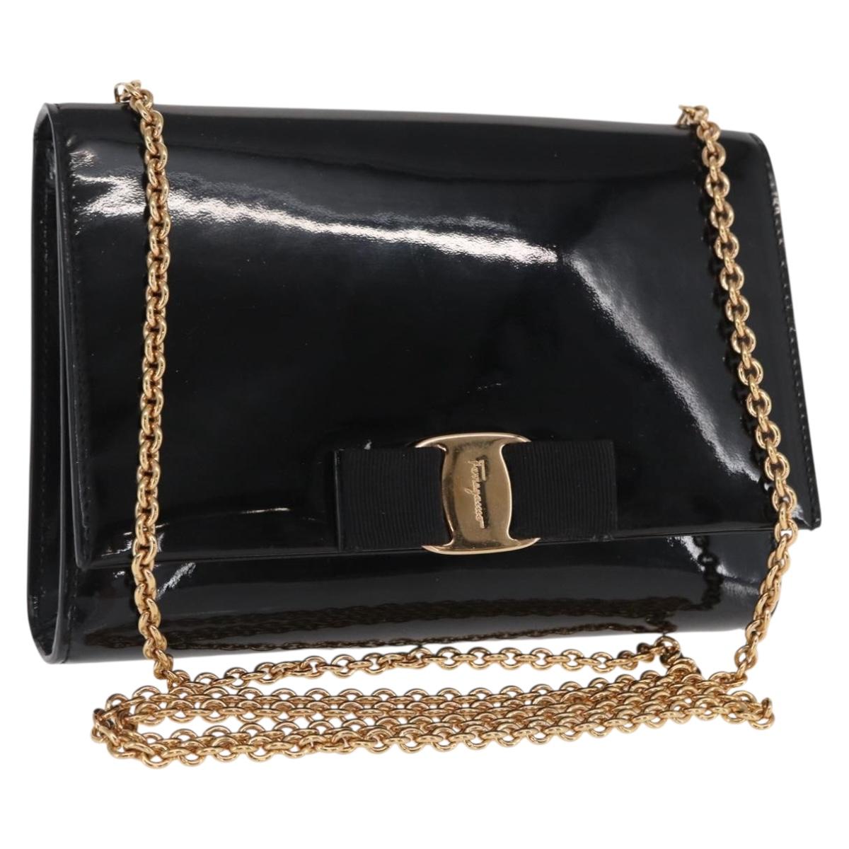 Salvatore Ferragamo Vala Chain Bag Patent leather Black Gold Auth hk3377