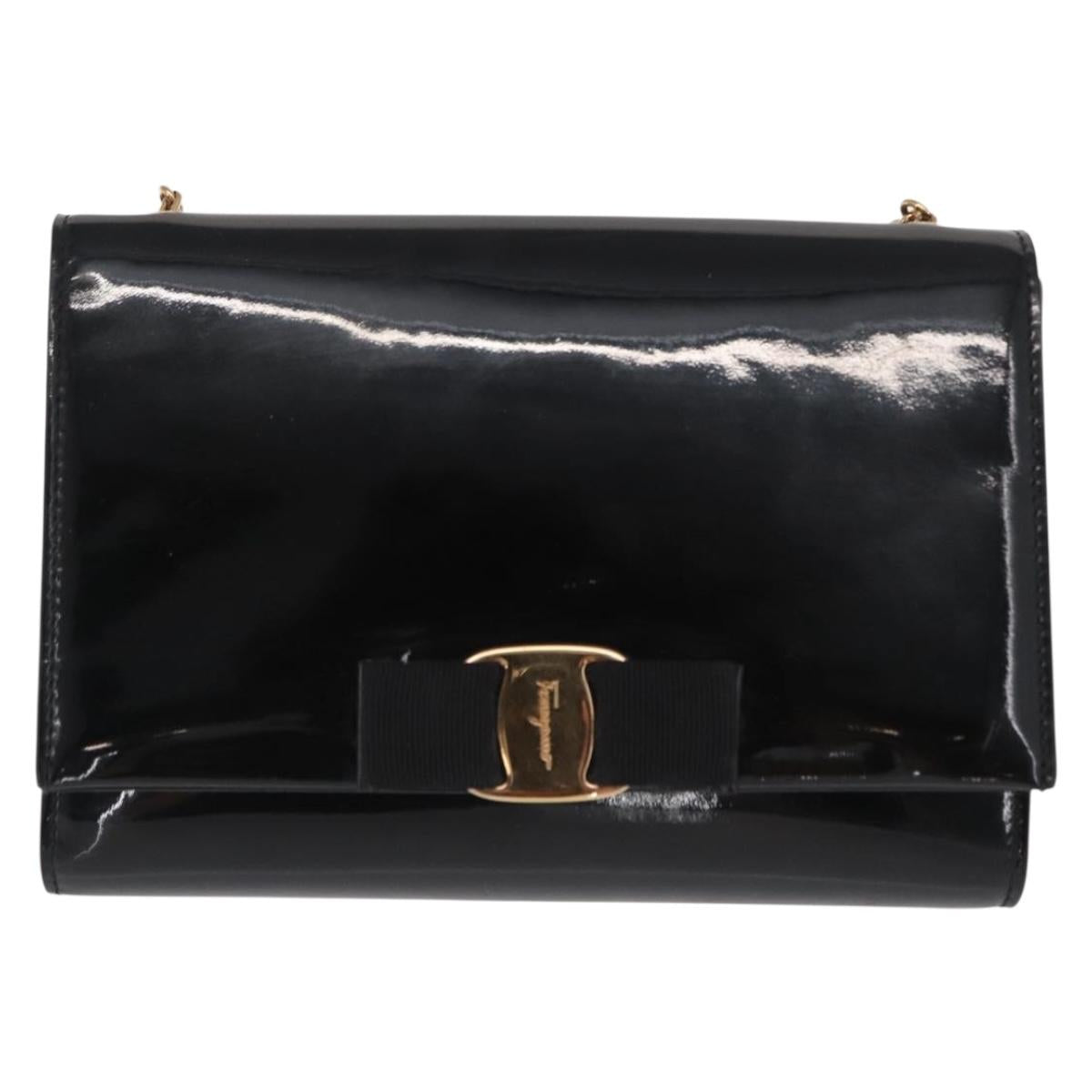Salvatore Ferragamo Vala Chain Bag Patent leather Black Gold Auth hk3377