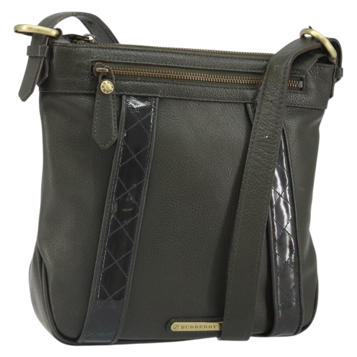 BURBERRY Shoulder Bag Leather Khaki Gold Auth hk3489