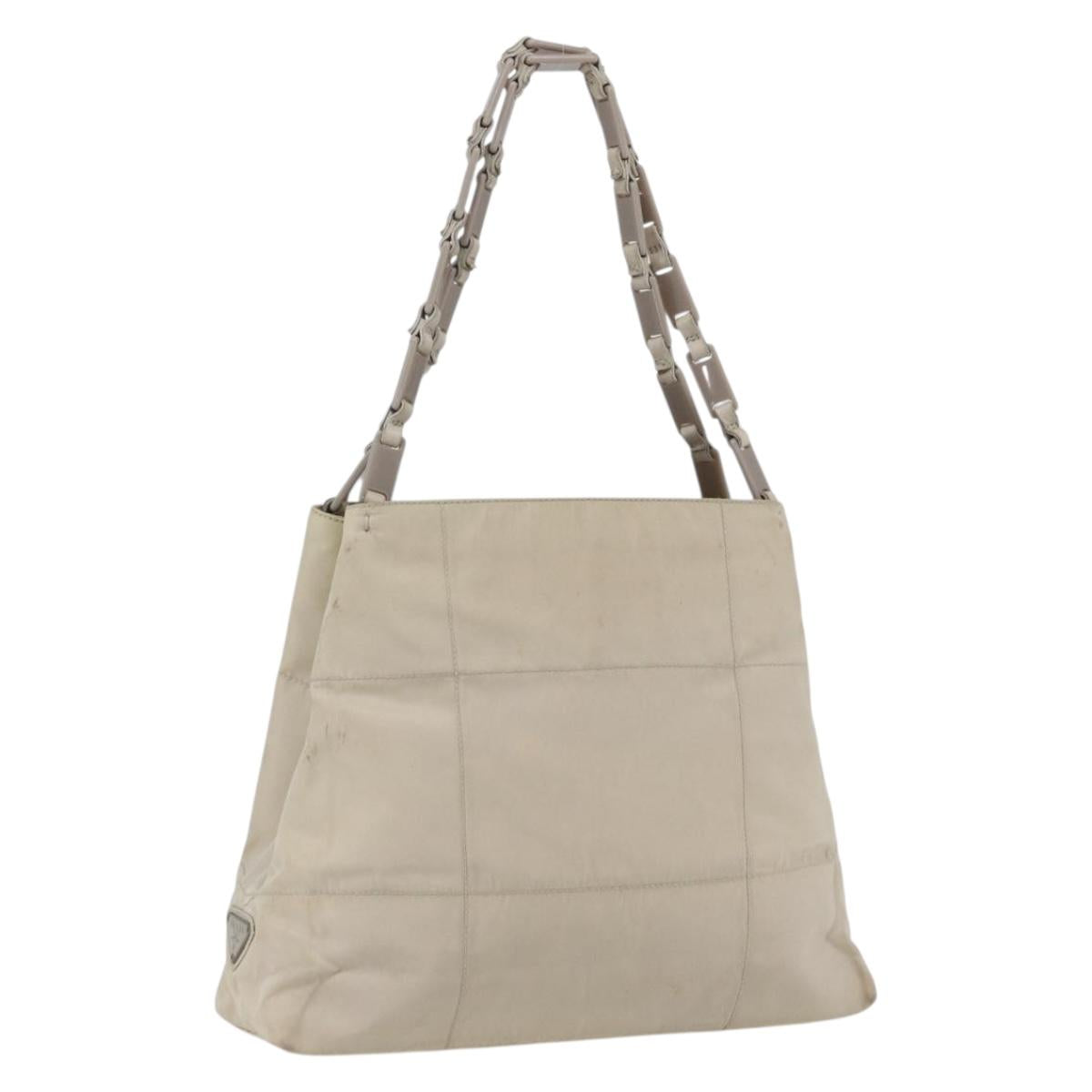 PRADA Tote Bag Nylon Beige Silver Auth hk3495