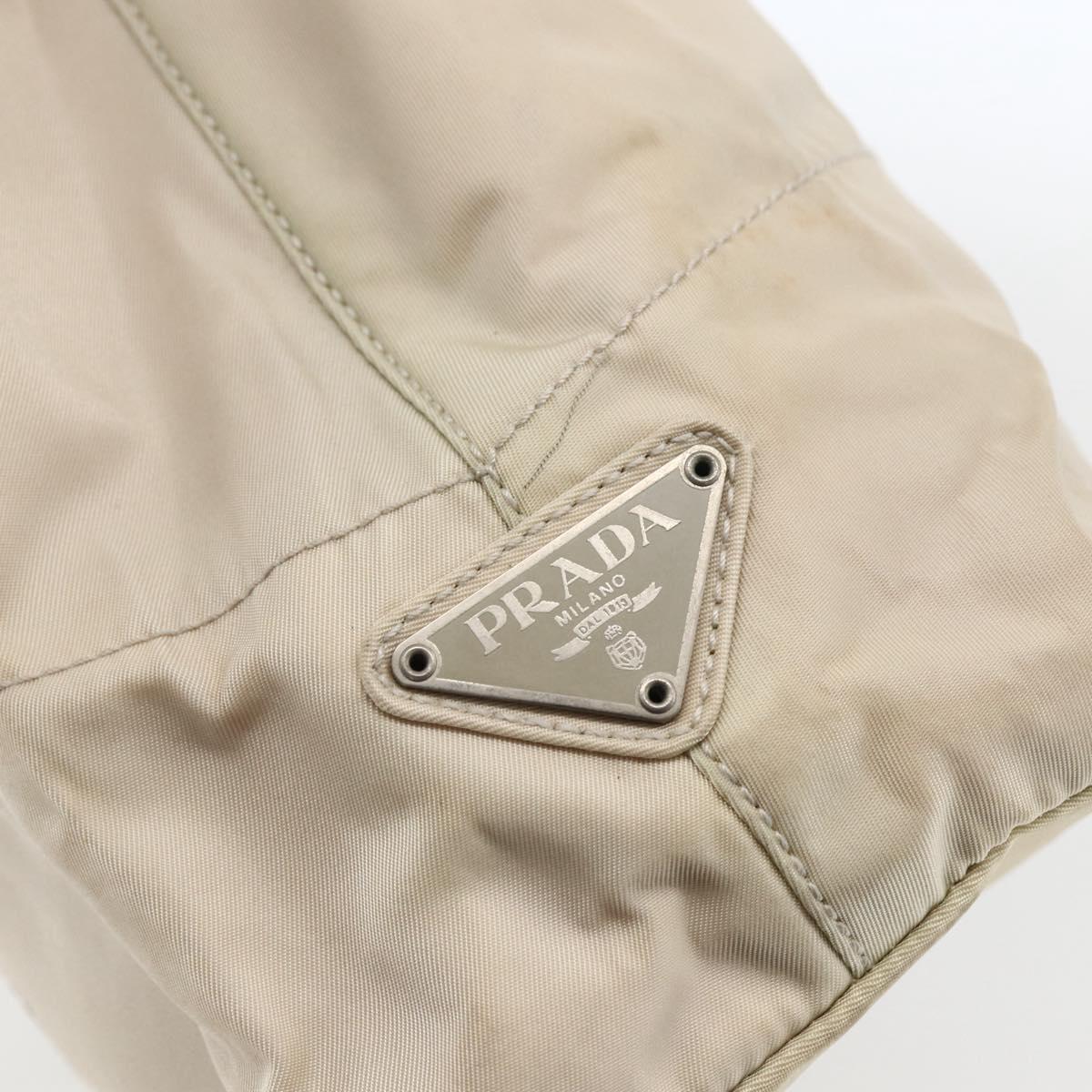 PRADA Tote Bag Nylon Beige Silver Auth hk3495