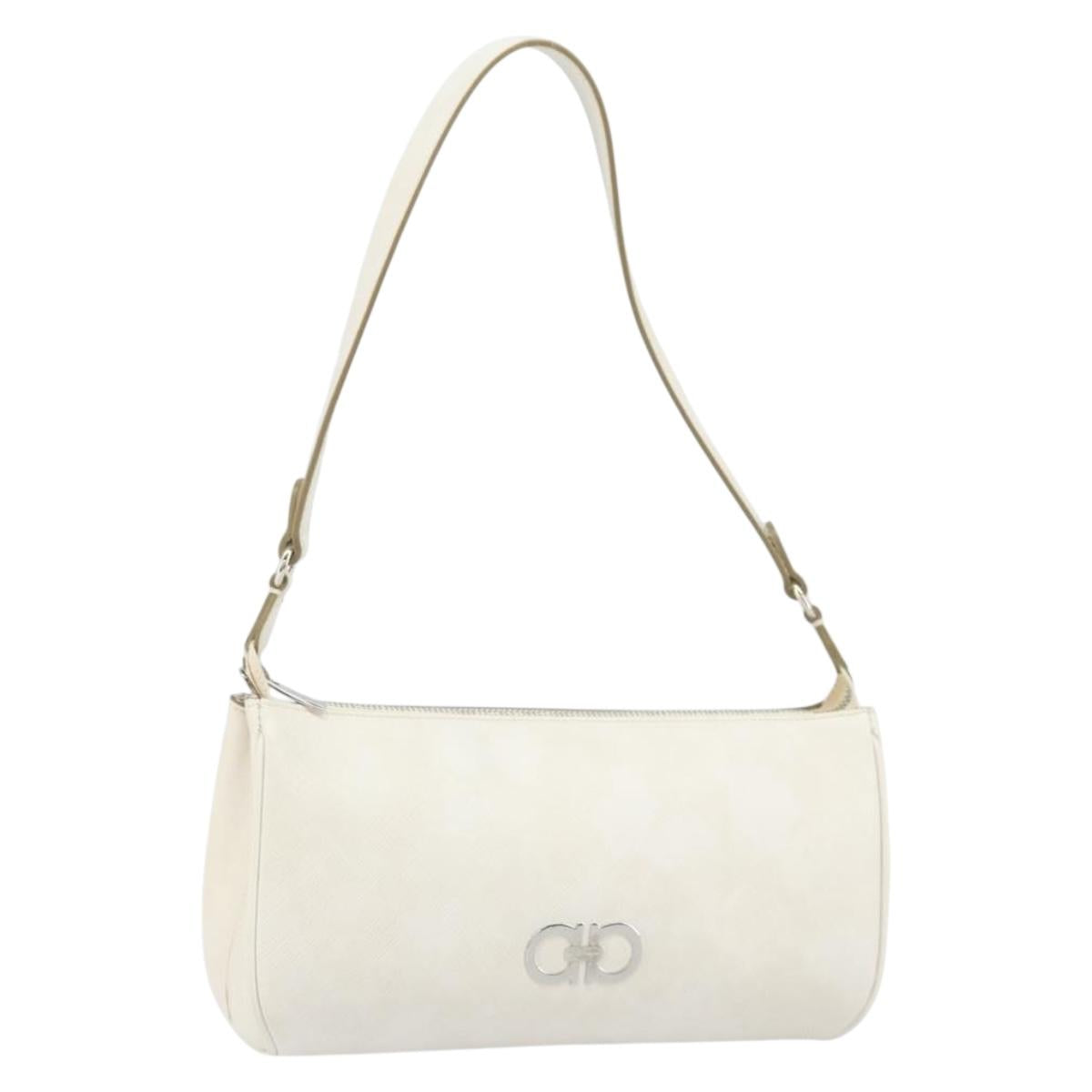 Salvatore Ferragamo Gancini Shoulder Bag Leather White Silver Auth hk3504
